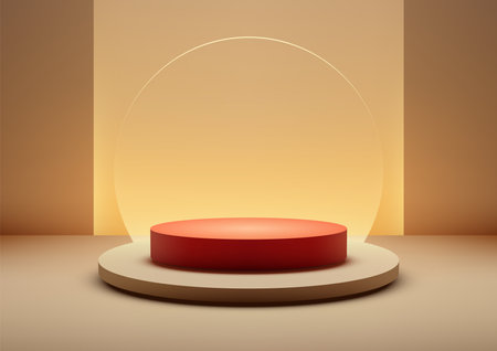Vibrant red pedestal sits on a beige platform with a glowing glass circle, modern award ceremony or product showcase mockup in a minimalist setting, perfect for event promotionsのイラスト素材