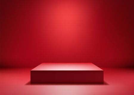Vibrant red 3d square platform with glossy reflective surface, illuminated in a modern abstract room, perfect for product display, mockup, or luxury brand showcase in a clean futuristic styleのイラスト素材