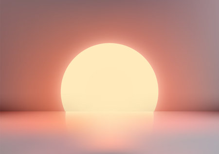 glowing yellow orb rises from a reflective surface at sunrise, surrounded by a soft peach and grey gradient. This minimalist abstract captures calm, elegance, and modern beauty in designのイラスト素材
