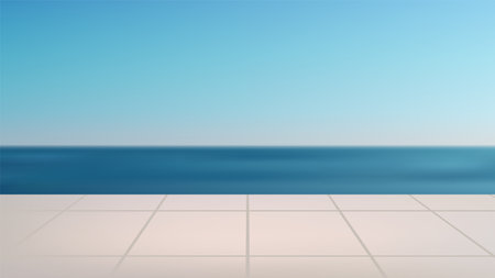 Serene tiled patio overlooking the ocean under a clear blue sky, perfect for summer travel themes, nature backgrounds, and minimalist outdoor concepts with peaceful vibesのイラスト素材