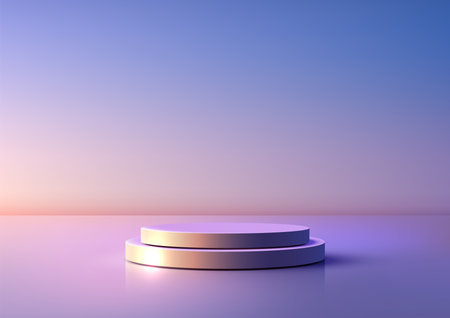 3D two tiered round podium bathed in soft purple and gold light, set in a minimal 3D gradient backdrop of blue, lavender, and peach, ideal for branding, mockup, or commercial product showcaseのイラスト素材
