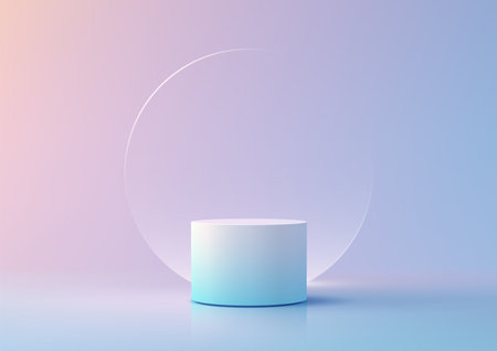 Showcases gradient white to blue cylindrical podium in a soft pink and blue studio backdrop with transparent ring for a luxury product display. modern lighting to highlight texture and form for brandingのイラスト素材