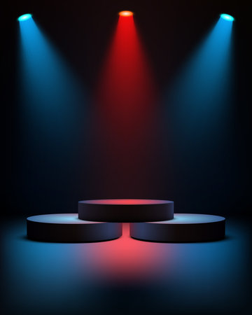 3D empty three cylindrical pedestal on dark stage background, illuminated blue and red spotlights. advertising, showcase technology, product mockups or showroom display for luxury retailのイラスト素材