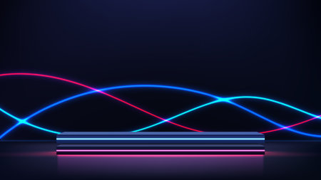 Neon Light Product Display Podium Minimalist Futuristic Tech Showcase Mockup with Intertwining Red and Blue Sine Waves on a Dark Background for Advertising and Marketing Graphicsのイラスト素材