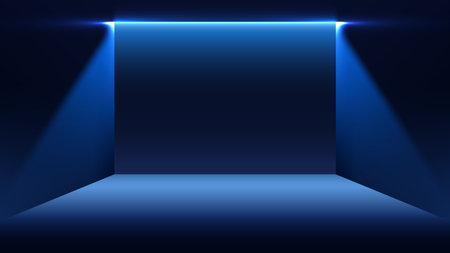 dark blue studio room, bright blue glow from a hidden light source. futuristic empty space with dramatic light cones for contemporary product presentation or a technology showroom backdropのイラスト素材