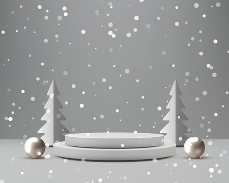 Winter Christmas Product Display Podium Mockup Elegant White Pedestal with Snow and Gold Spheres on Clean Gray Background, Product Presentationのイラスト素材