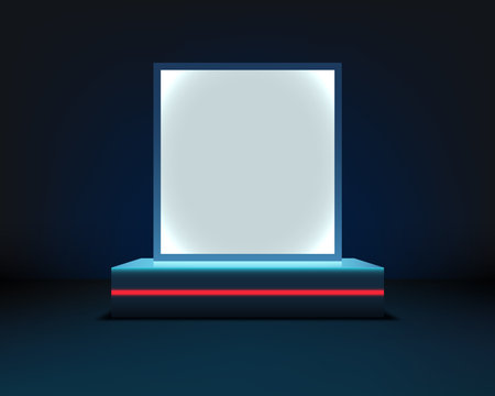 Futuristic blue neon display stands on a dark podium with a red stripe. 3D set in a dark abstract studio, perfect for representing modern technology presentations or digital product launches nowのイラスト素材