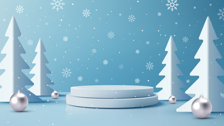 Christmas Winter Product Display Podium with Snowy Paper Cut Pine Trees and Silver Ornaments on Blue Background Mockup for Holiday Marketing and New Year Product Showcase Templateのイラスト素材