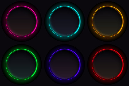 abstract neon glow circle frames featuring vibrant luminous rings on a dark background for digital graphics where the bright shapes create modern visual appeal for creative designのイラスト素材