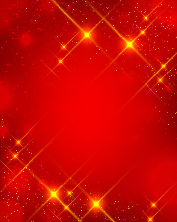 vibrant red background holiday season and New Year for festive and luxury feel. dazzling golden starbursts and glitter, creating an elegant design for invitations or posters celebrationのイラスト素材