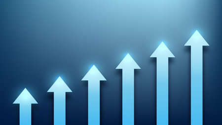 Business growth bar chart with glowing blue arrows rising upward financial success and corporate...