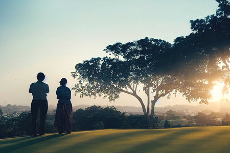 A couple silhouette against a sunset under treesの写真素材