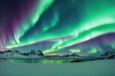 Aurora borealis and happy Man. Starry sky, green polar lights. Night landscape. Northern lightsの写真素材