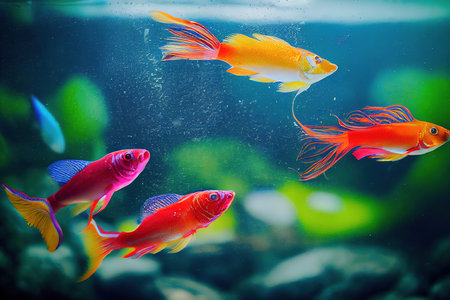 Colorful small fish In the aquarium A variety of different species of fish move beautifullyの写真素材