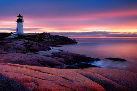 Sunset at Peggys Cove Light House in Novaの写真素材
