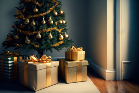 Beautiful Christmas gift boxes on floor near fir tree in room.の写真素材