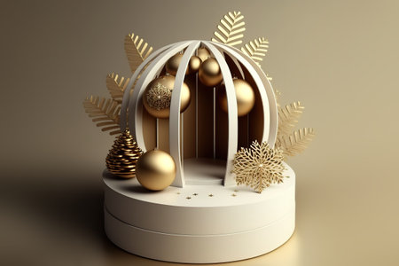 3D illustration of Christmas red and golden theme product display background with Christmas festive decoration and podium.の写真素材