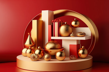 3D illustration of Christmas red and golden theme product display background with Christmas festive decoration and podium.の写真素材