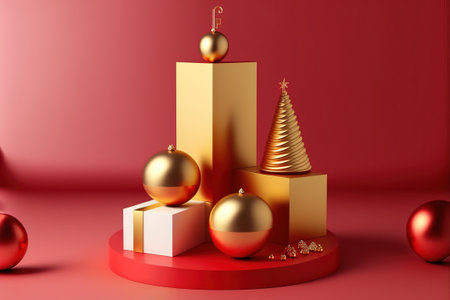 3D illustration of Christmas red and golden theme product display background with Christmas festive decoration and podium.の写真素材