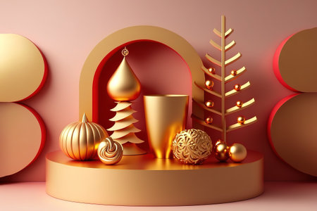 3D illustration of Christmas red and golden theme product display background with Christmas festive decoration and podium.の写真素材