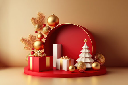 3D illustration of Christmas red and golden theme product display background with Christmas festive decoration and podium.の写真素材