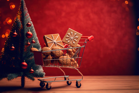 Shopping trolley with gift boxes and gingerbread cookies standing on a wooden table on a red background with Christmas fir tree. Christmas and New Yearの写真素材