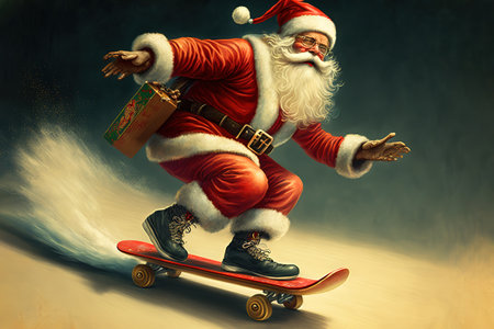 Santa Claus drive on the skateboard delivering giftsの写真素材