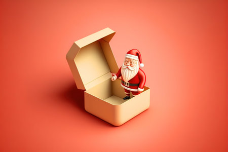 Santa claus with red open gift box empty, christmas tree isolated on beige background. website, poster or happiness cards, festive New Year concept, 3d illustration or 3d renderの写真素材