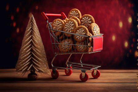 Shopping trolley with gift boxes and gingerbread cookies standing on a wooden table on a red background with Christmas fir tree. Christmas and New Yearの写真素材