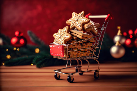 Shopping trolley with gift boxes and gingerbread cookies standing on a wooden table on a red background with Christmas fir tree. Christmas and New Yearの写真素材