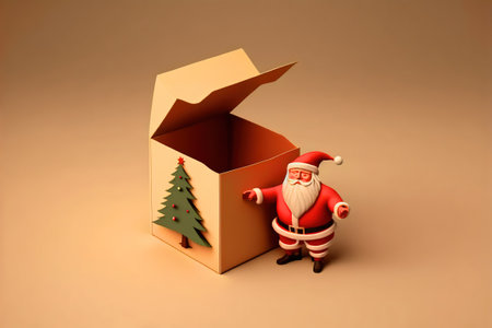 Santa claus with red open gift box empty, christmas tree isolated on beige background. website, poster or happiness cards, festive New Year concept, 3d illustration or 3d renderの写真素材