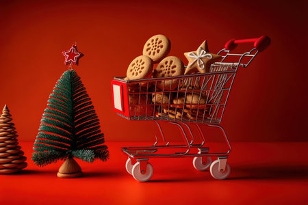Shopping trolley with gift boxes and gingerbread cookies standing on a wooden table on a red background with Christmas fir tree. Christmas and New Yearの写真素材
