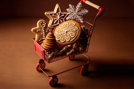 Shopping trolley with gift boxes and gingerbread cookies standing on a wooden table on a red background with Christmas fir tree. Christmas and New Yearの写真素材