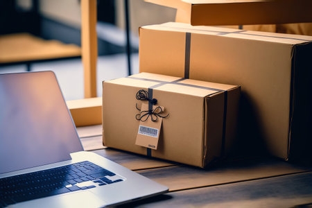 Table with laptop and gift boxes with sale tags on table in warehouse. Online ecommerce retail business black friday discounts deals, free shipping. Best buy holiday offers concept storage backgroundの写真素材