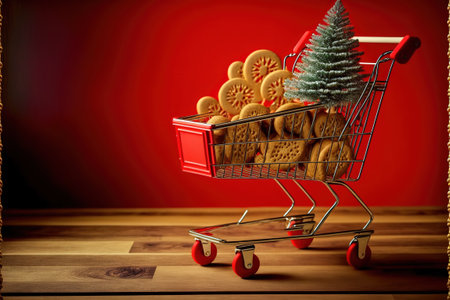 Shopping trolley with gift boxes and gingerbread cookies standing on a wooden table on a red background with Christmas fir tree. Christmas and New Yearの写真素材