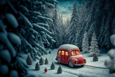 Snowy Winter Forest with miniature red car carrying Christmas Cookiesの写真素材
