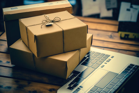 Table with laptop and gift boxes with sale tags on table in warehouse. Online ecommerce retail business black friday discounts deals, free shipping. Best buy holiday offers concept storage backgroundの写真素材