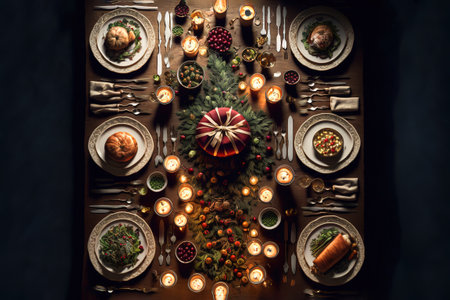 Top view background of festive dinner table while celebrating Christmasの写真素材