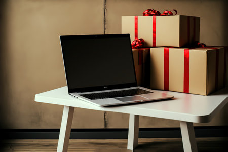 Table with laptop and gift boxes with sale tags on table in warehouse. Online ecommerce retail business black friday discounts deals, free shipping. Best buy holiday offers concept storage backgroundの写真素材