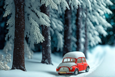 Snowy Winter Forest with miniature red car carrying Christmas Cookies
