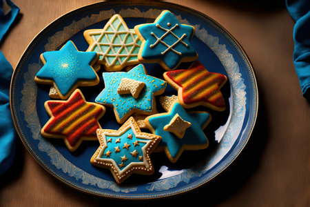 A plate of homemade sugar cookies for Hanukkah â€“ dreidels, stars, and menorahs..