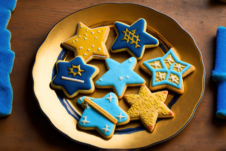 A plate of homemade sugar cookies for Hanukkah â dreidels, stars, and menorahs..の写真素材
