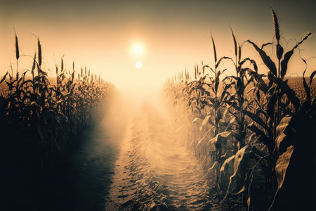 Misty morning in a cornfield stock photo Corn - Crop, Corn, Agricultural Field, Sunrise - Dawn, The Global Food Crisis.の写真素材