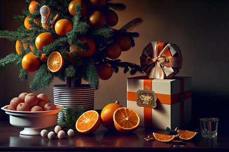 Professional food photography, a orange themed Christmas tree and presents.の写真素材