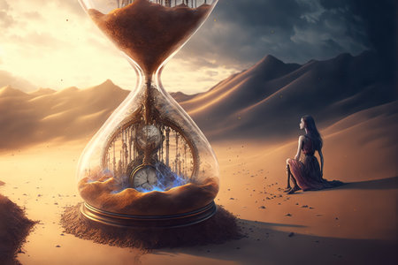 intricate enormous hourglass time turner. sand fighting against the unstoppable flow of time.の写真素材