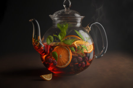 glass teapot with fruits inside, orange, currant, mint, on a dark brown background.の写真素材
