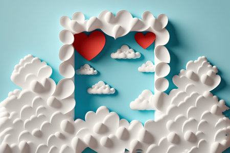 Paper cut hearts with white clouds stock illustration Valentine's Day - Holiday, Valentine Card, Heart Shape, Frame - Border, Love - Emotionの写真素材