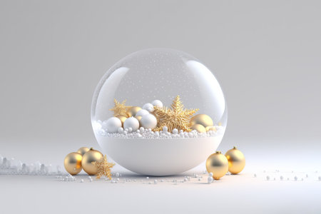 3d render. Winter holiday wallpaper. Festive white and gold Christmas ornaments and baubles. Empty glass snow ball isolated on white background .の写真素材