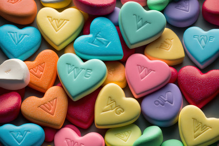 Background of brightly colored candy hearts for Valentine's Day.の写真素材