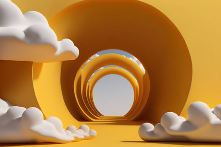 3d render, abstract minimal yellow background with white clouds flying out the tunnel.